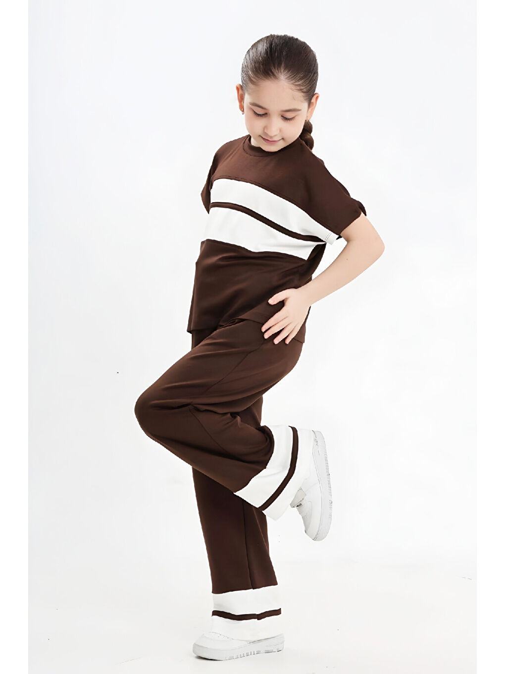 Kahverengi Kız Çocuk Double Face Kumaş Alt Üst Takım 7-12 Yaş 12640-1
