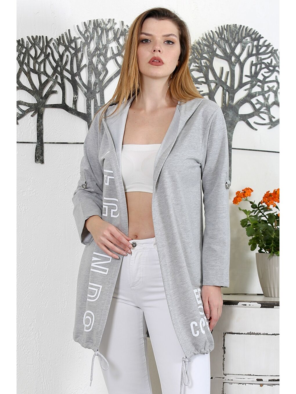 Gri Kapüşonlu Uzun Kol Baskılı Örme Casual Kapüşonlu Ceket-2