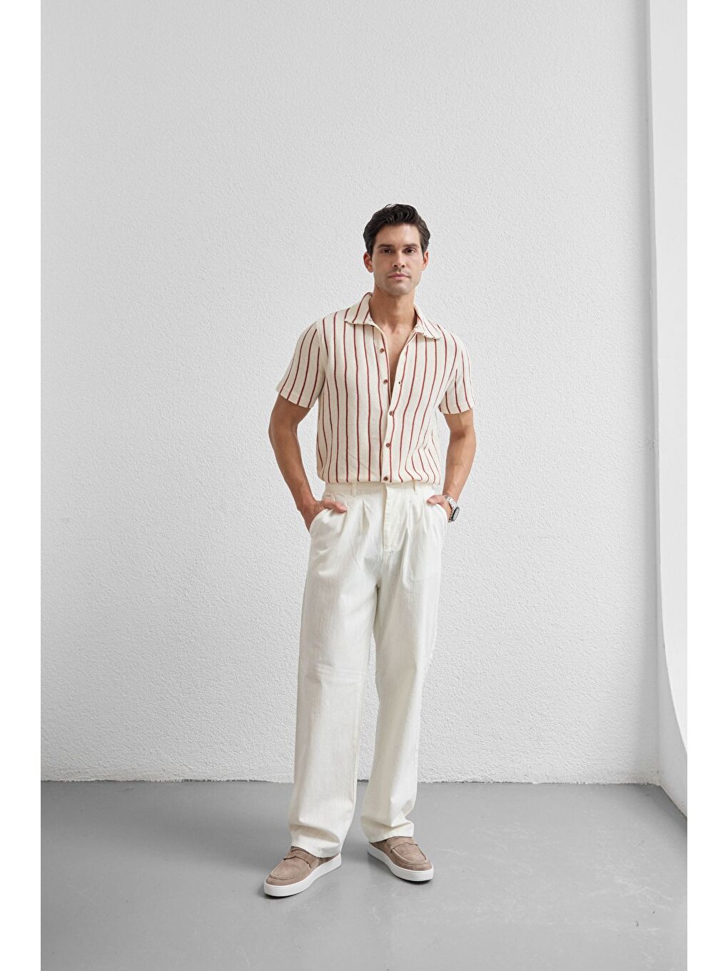 Beyaz Boso Erkek Çift Pileli Keten Baggy Pantolon-7