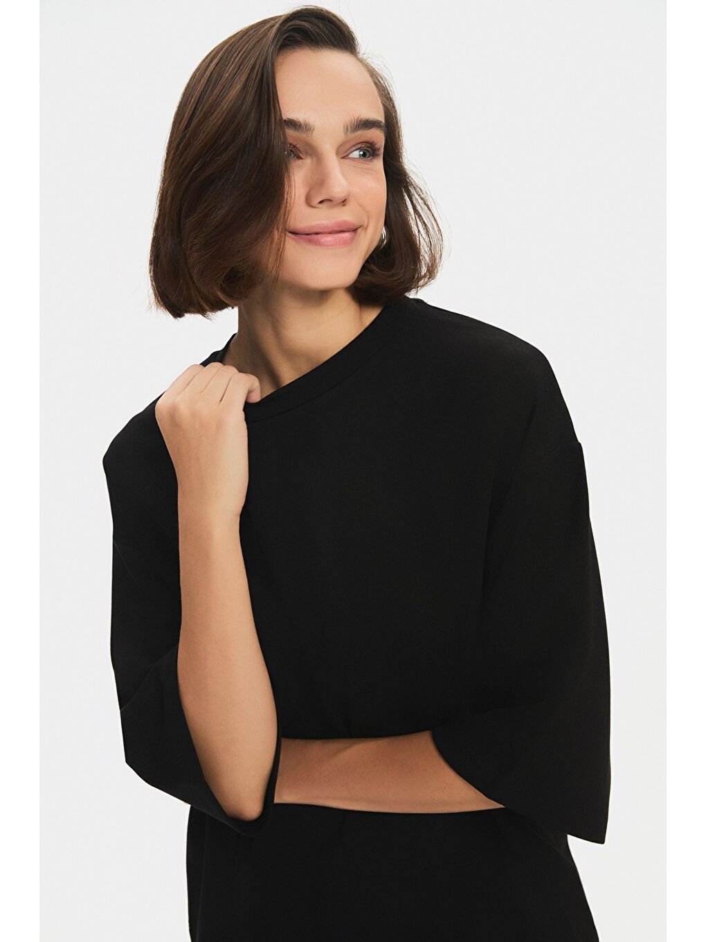 Siyah Kadın Oversize Bisiklet Yaka Kısa Kol Tişört Belden Lastikli Eşofman Altı Takım-2