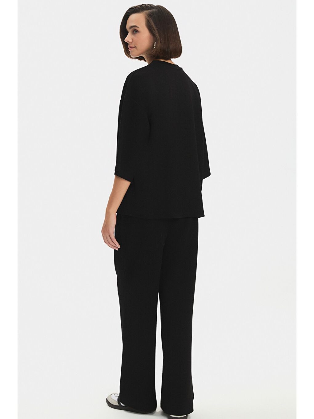 Siyah Kadın Oversize Bisiklet Yaka Kısa Kol Tişört Belden Lastikli Eşofman Altı Takım-3