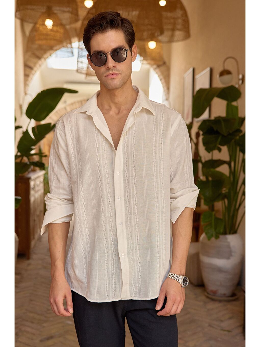 Beyaz Yuji Kendinden Desenli Keten Görünümlü Pamuk Oversize Erkek Gömlek-5