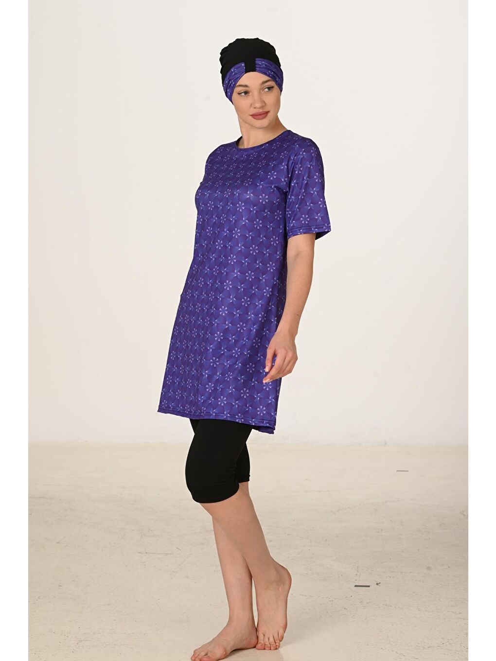 Mor Kısa Kollu Elastanlı Yarı Kapalı Tesettür Mayo 3456-4