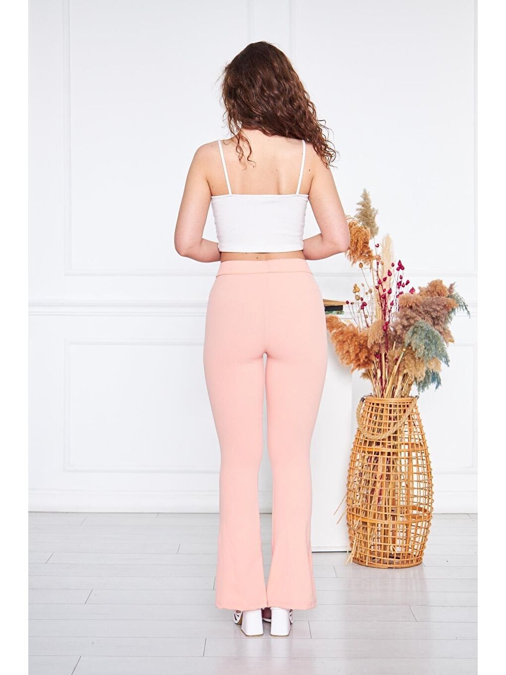Pembe Kadın Çizgili Yırtmaçlı Pudra Ispanyol Paça Pantolon-4