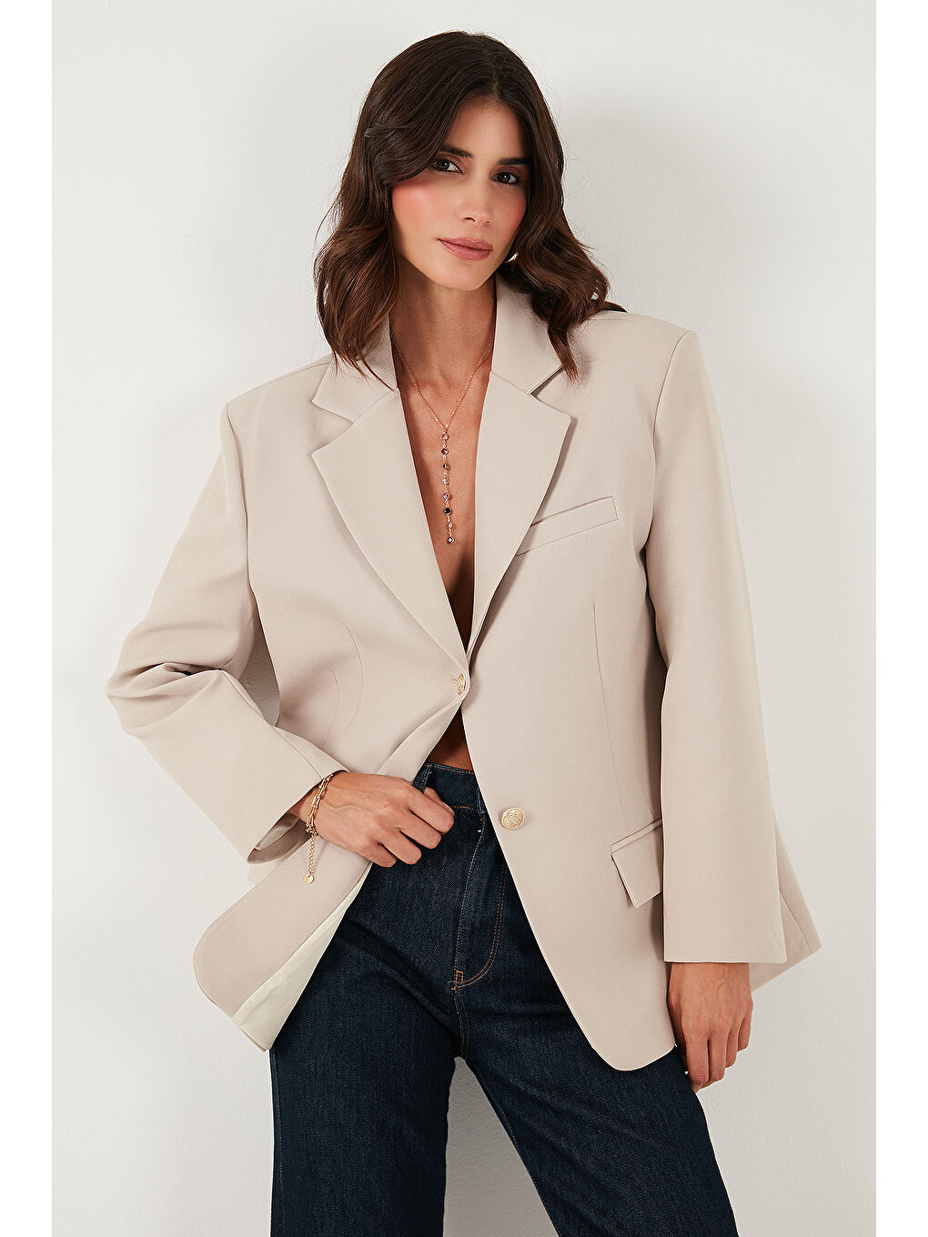 Bej Regular Fit Ceket Yaka Düğmeli Blazer Ceket 6839562-2