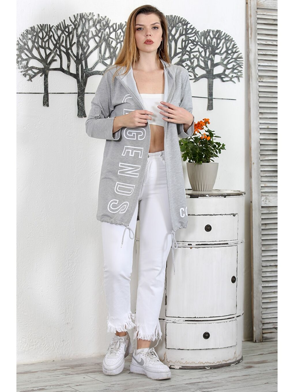 Gri Kapüşonlu Uzun Kol Baskılı Örme Casual Kapüşonlu Ceket-3