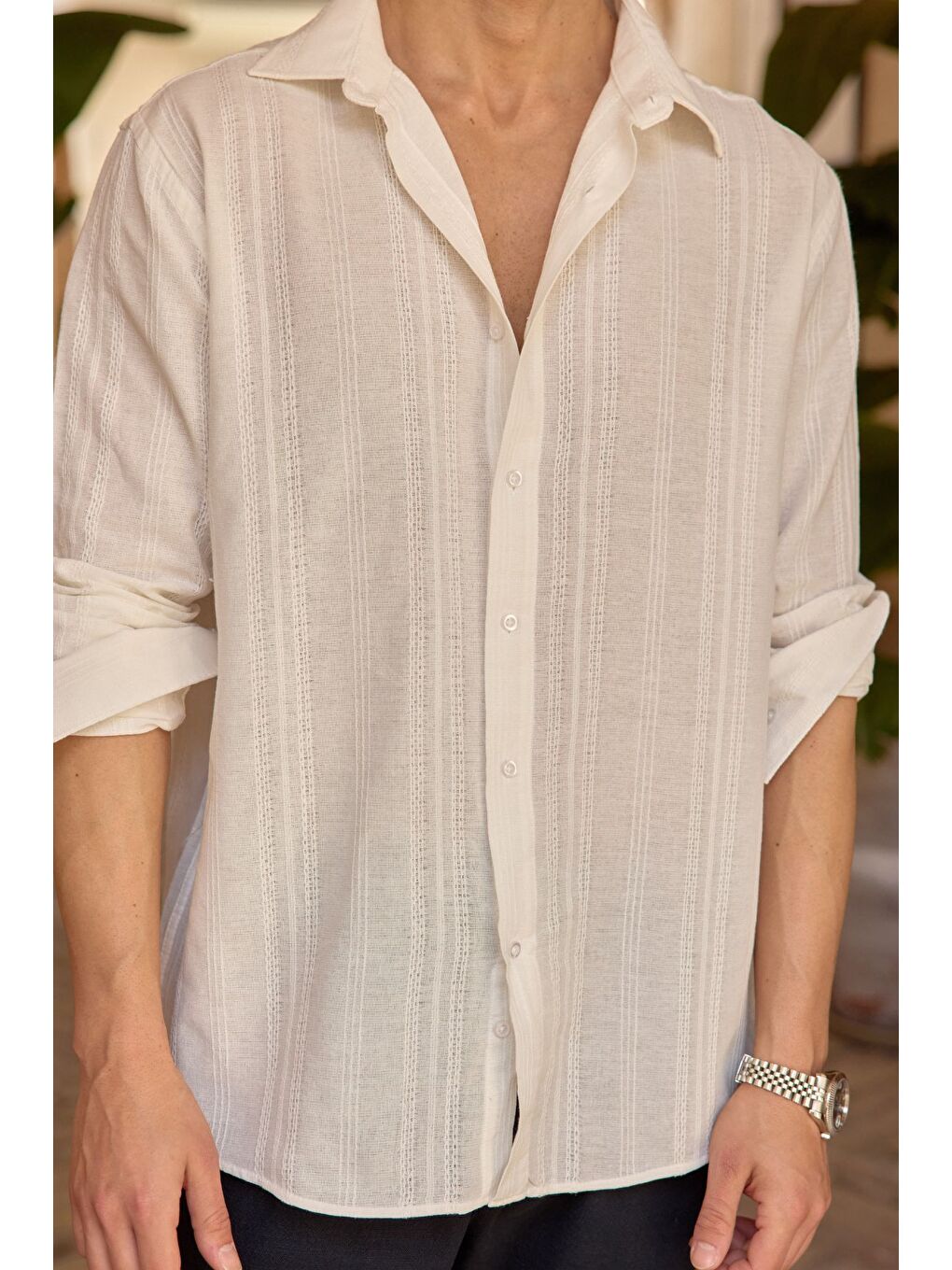 Beyaz Yuji Kendinden Desenli Keten Görünümlü Pamuk Oversize Erkek Gömlek-6