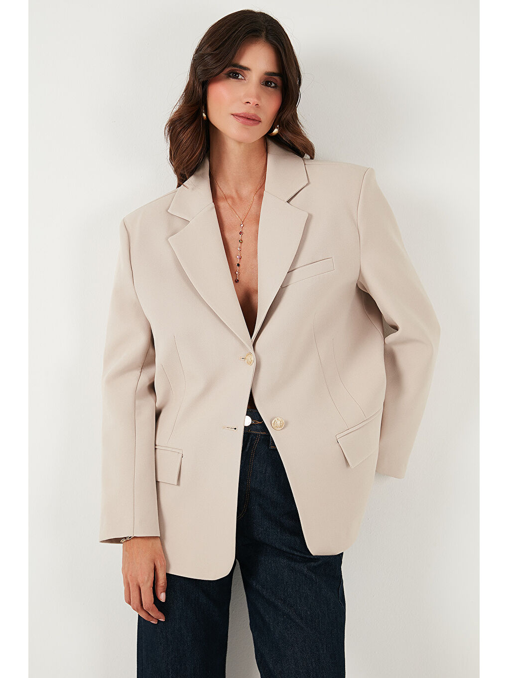 Bej Regular Fit Ceket Yaka Düğmeli Blazer Ceket 6839562-3