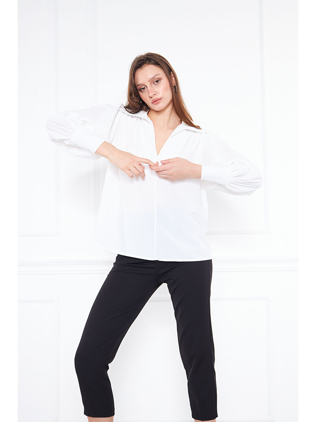 Kadın Trend Balon Kol Oversize Beyaz Bluz Gömlek-3