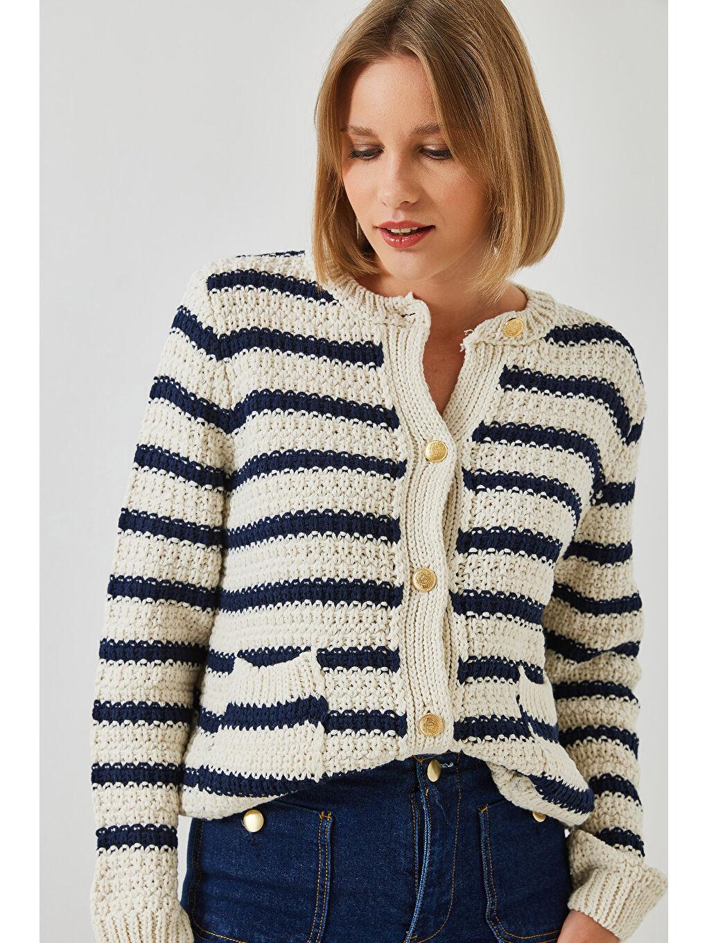 Ekru Kadın Çizgili Hırka-1