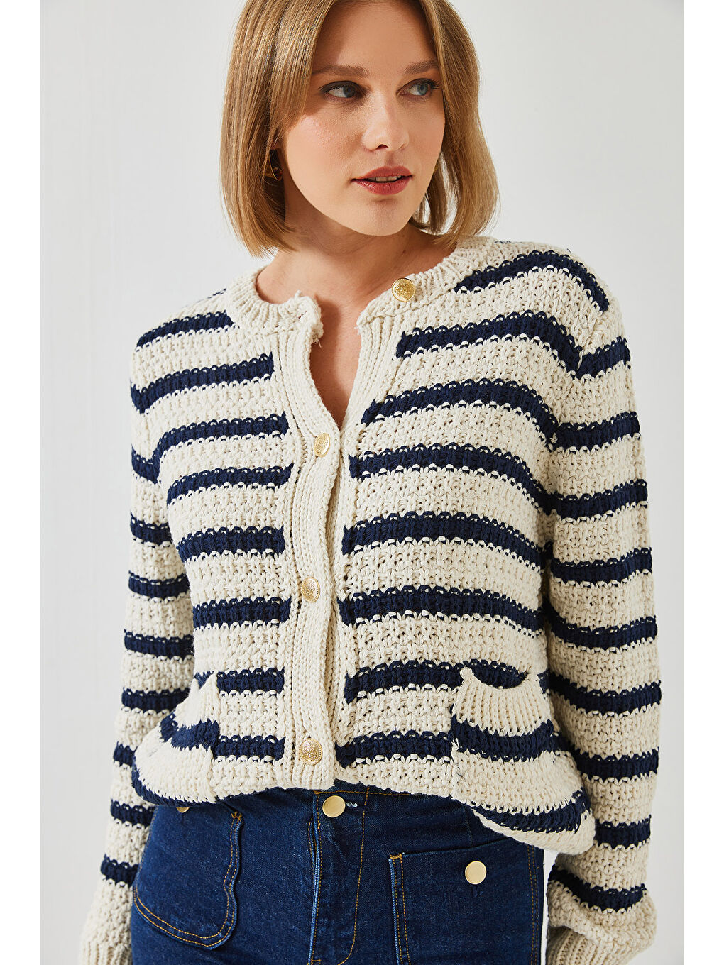 Ekru Kadın Çizgili Hırka-2