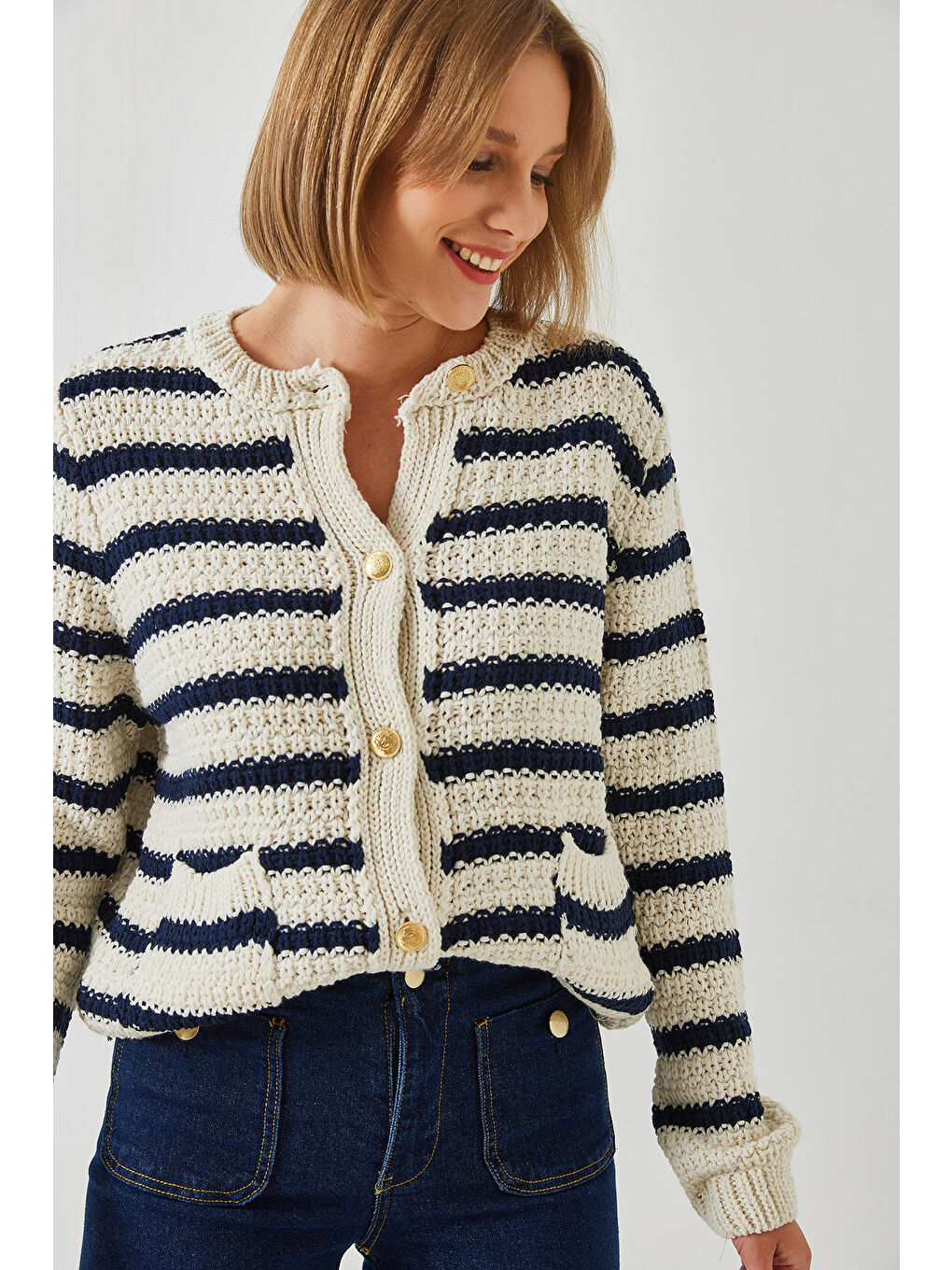 Ekru Kadın Çizgili Hırka-3