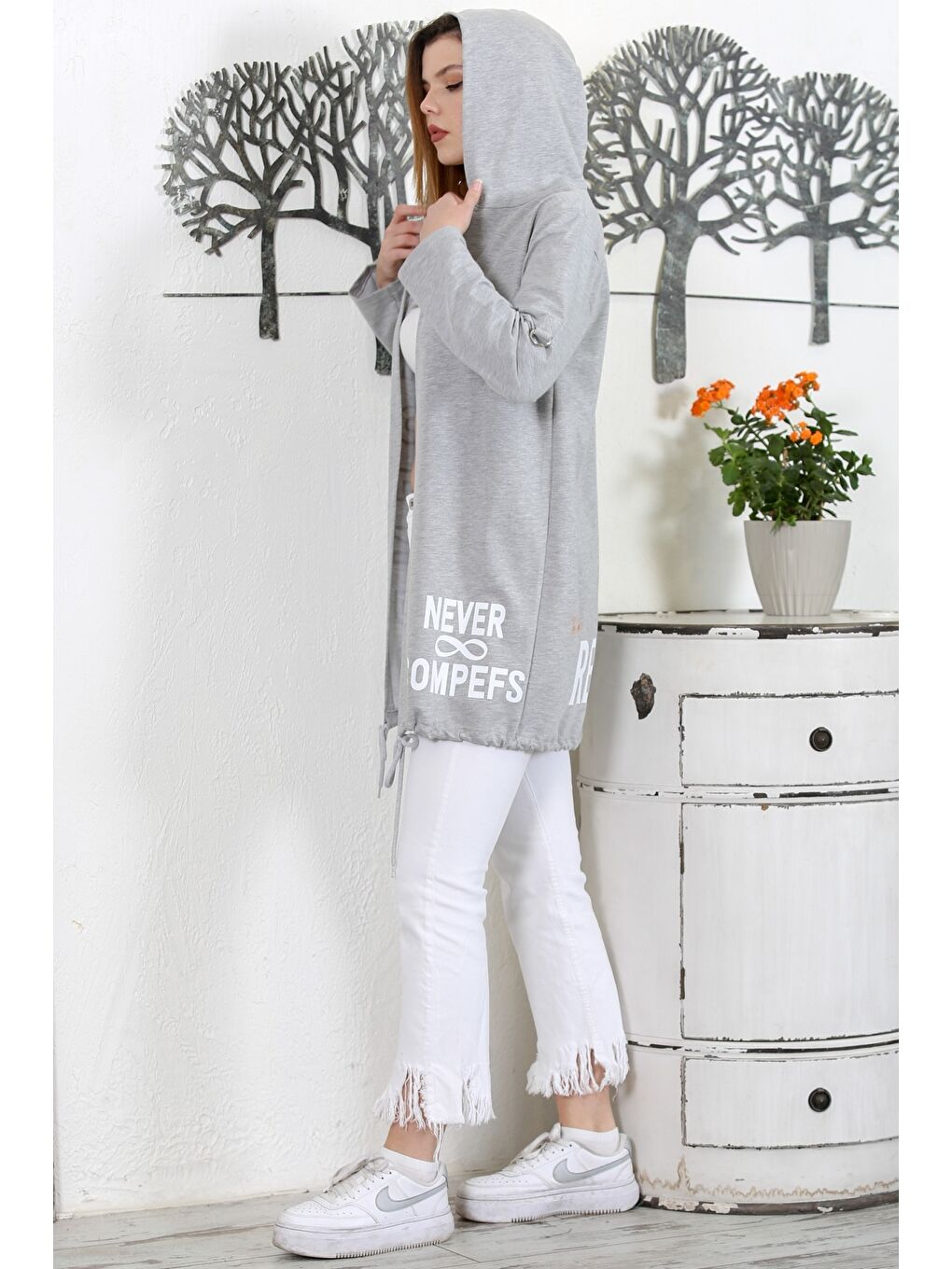 Gri Kapüşonlu Uzun Kol Baskılı Örme Casual Kapüşonlu Ceket-4