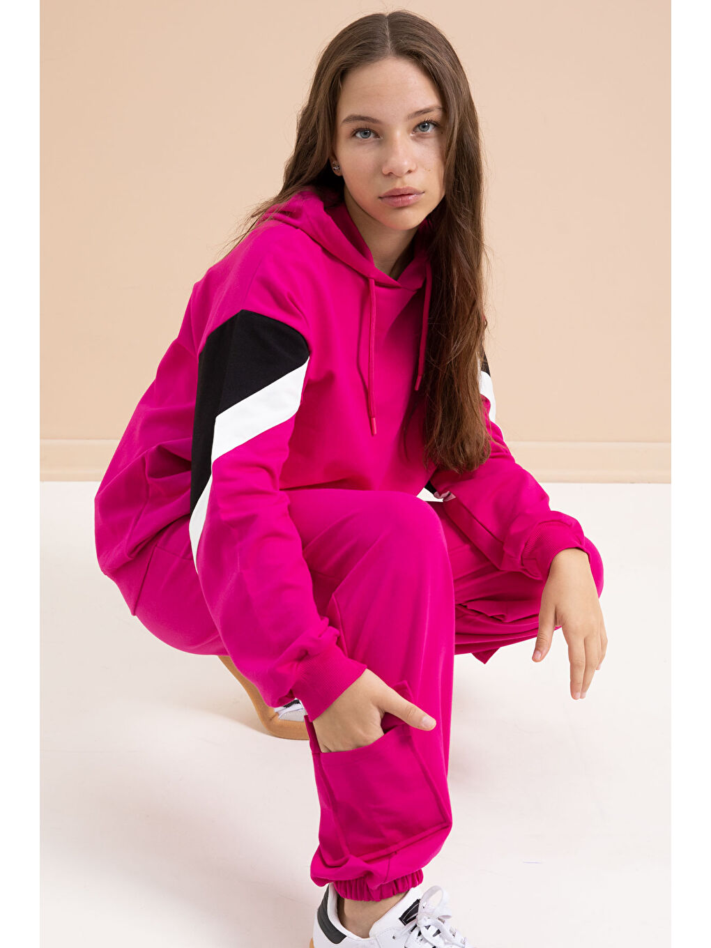 Fuşya Kargo Cepli Kız Çocuk Logolu İkili Takım 21299-4