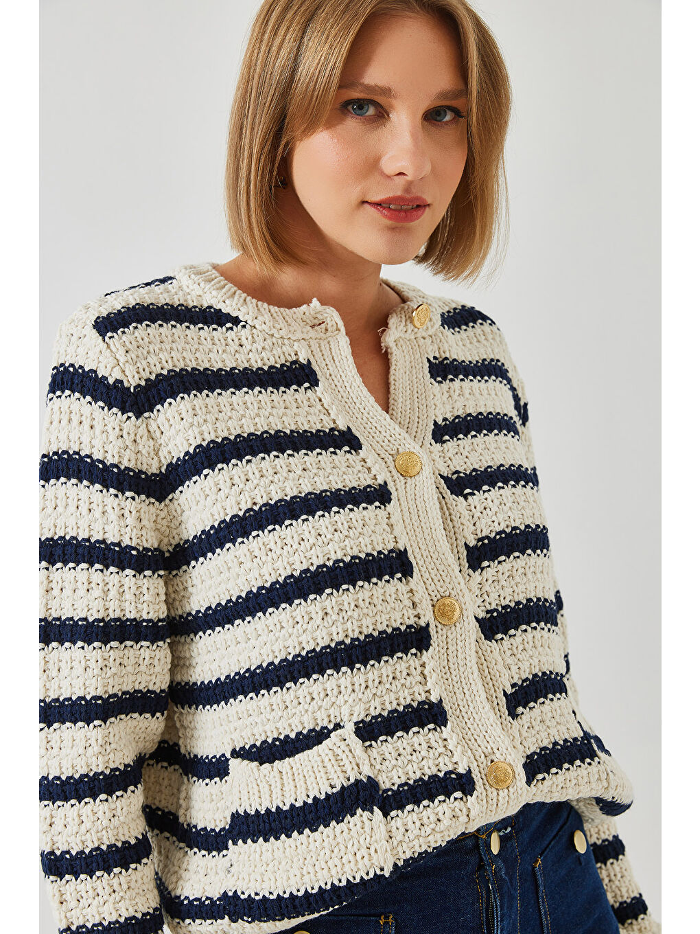 Ekru Kadın Çizgili Hırka-4