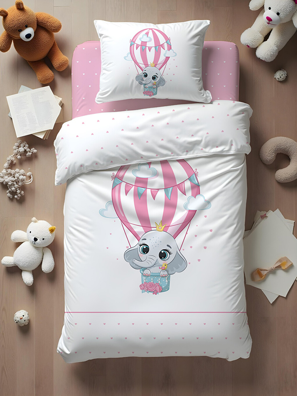 Karışık Fil ve Balon Desenli Bebek Nevresim Takımı Çift Taraflı 100x150 cm Çarşafsız