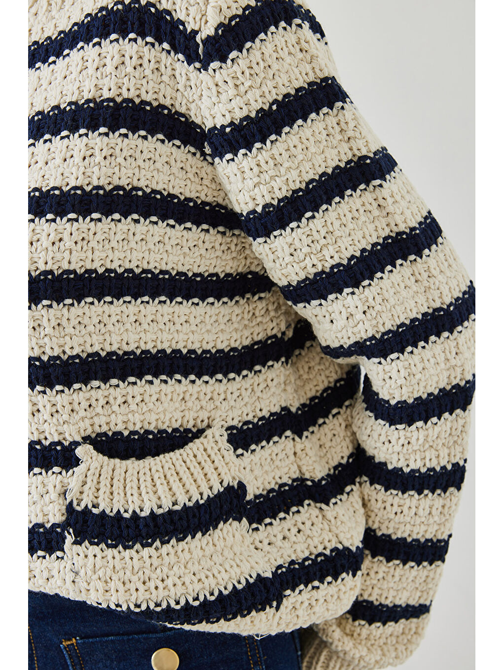 Ekru Kadın Çizgili Hırka-5