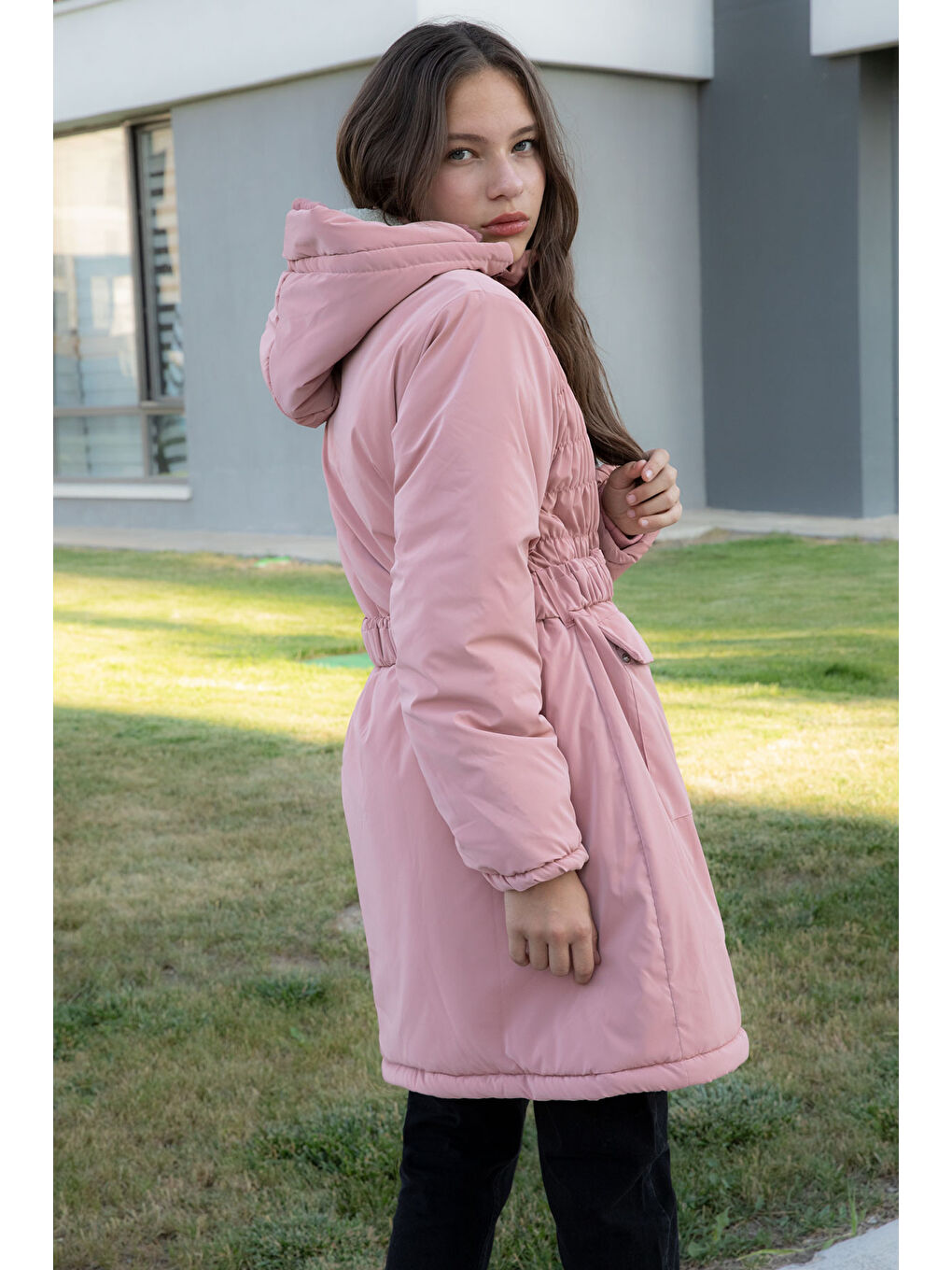 Pembe Kemerli Nubuk Kumaş Kız Çocuk İçi Kürklü Kapüşonlu Şişme Mont 21312-4