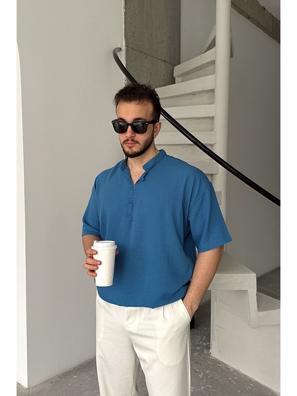 Mavi Soro Erkek Oversize Keten Görünümlü Kısa Kol Hakim Yaka Yarım Pat Gömlek-3