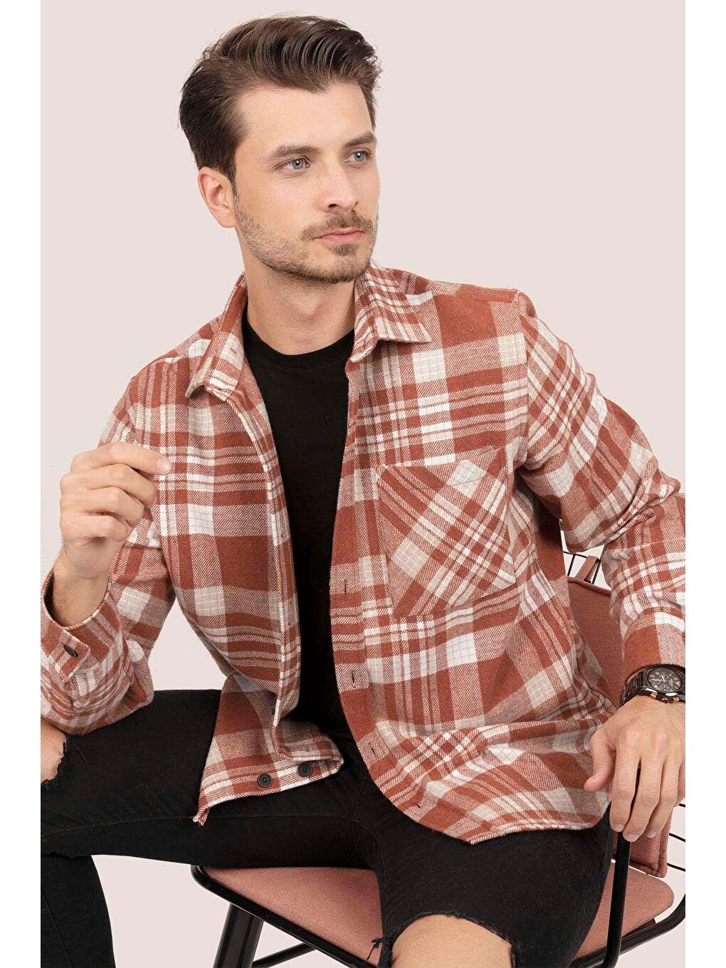 Turuncu Kiremit Beyaz Çizgili Oversize Oduncu Erkek Gömlek