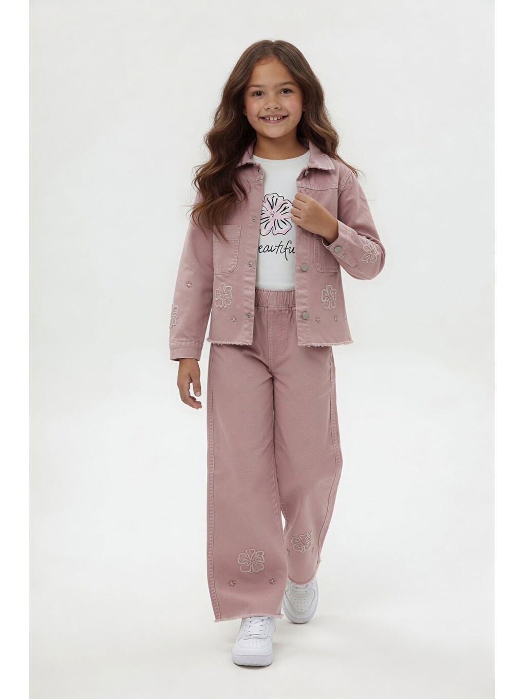 Pembe Çiçek Nakışlı Ceketli Geniş Paça Pantolonlu Kız Çocuk 3lü Takım 24115-1