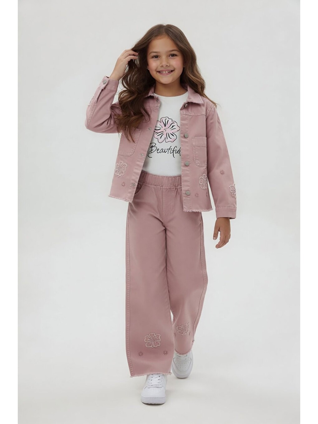 Pembe Çiçek Nakışlı Ceketli Geniş Paça Pantolonlu Kız Çocuk 3lü Takım 24115-2