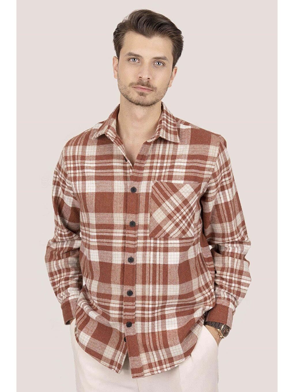 Turuncu Kiremit Beyaz Çizgili Oversize Oduncu Erkek Gömlek-2