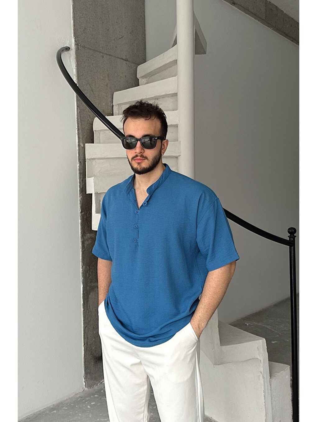 Mavi Soro Erkek Oversize Keten Görünümlü Kısa Kol Hakim Yaka Yarım Pat Gömlek-4