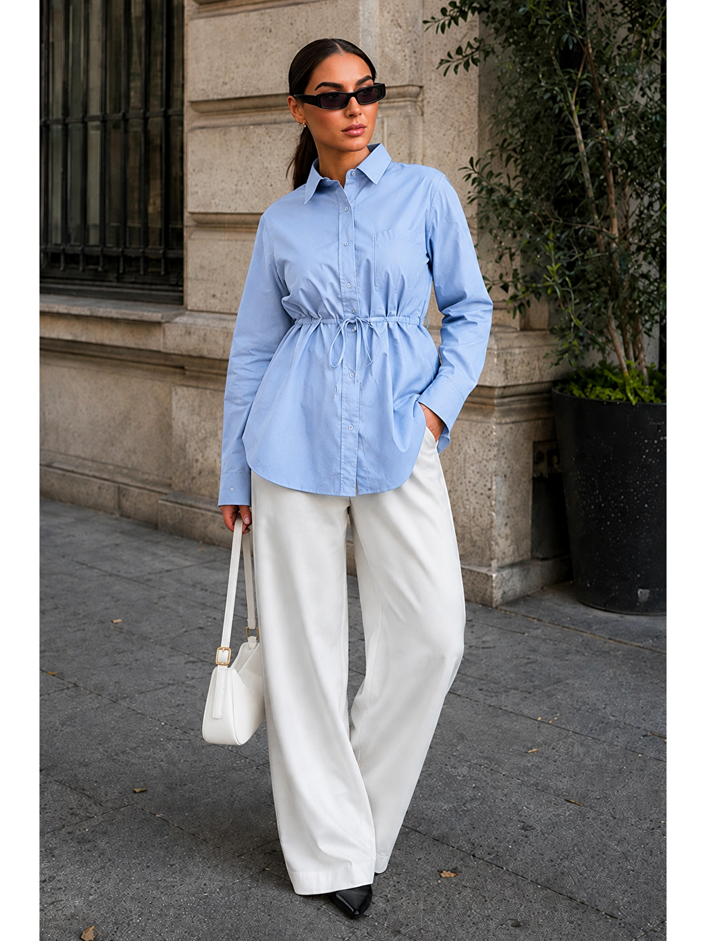 Mavi Belden Bağlamalı Oversize Cepli Gömlek Mg2798