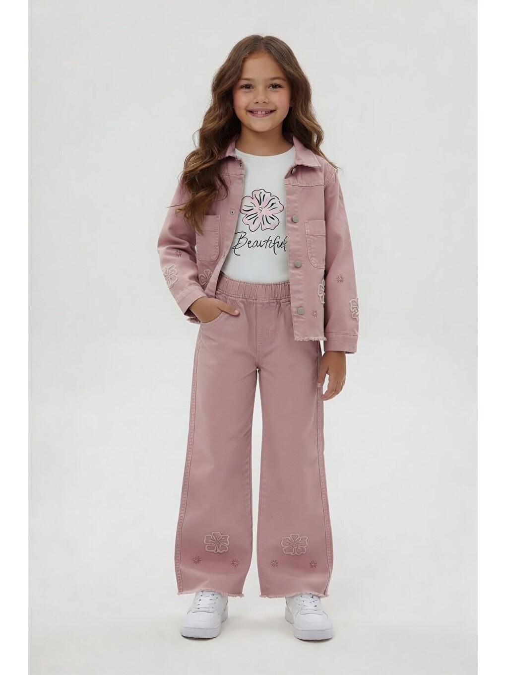 Pembe Çiçek Nakışlı Ceketli Geniş Paça Pantolonlu Kız Çocuk 3lü Takım 24115-3