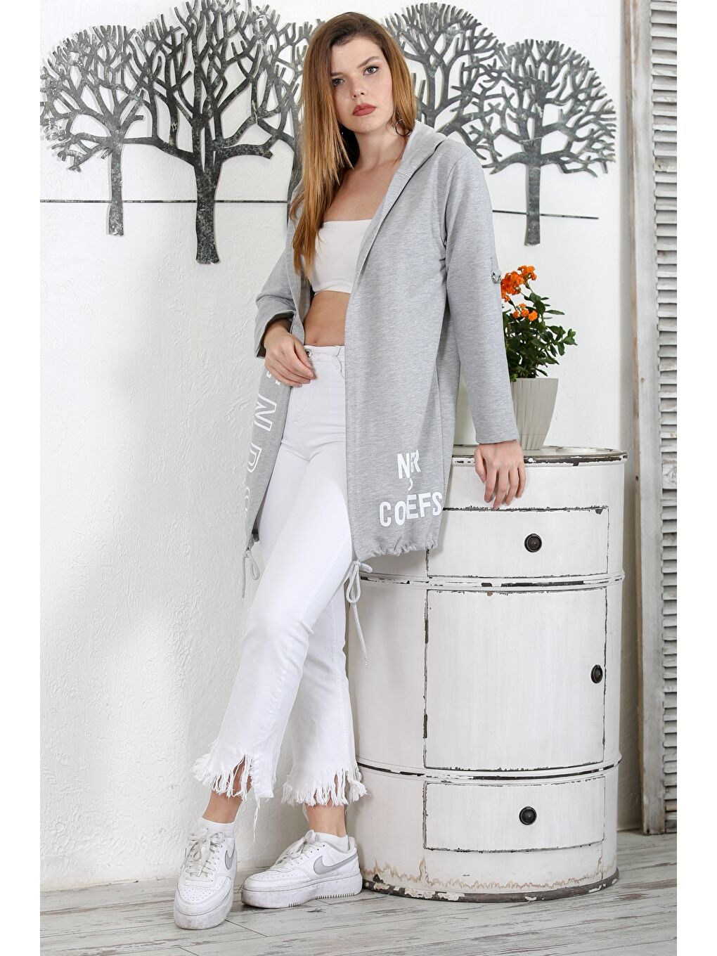 Gri Kapüşonlu Uzun Kol Baskılı Örme Casual Kapüşonlu Ceket-6
