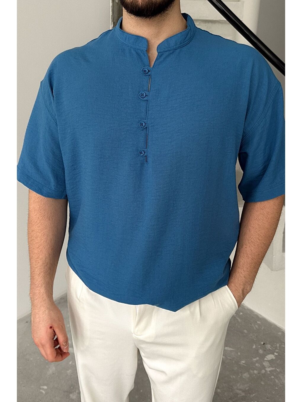 Mavi Soro Erkek Oversize Keten Görünümlü Kısa Kol Hakim Yaka Yarım Pat Gömlek-5