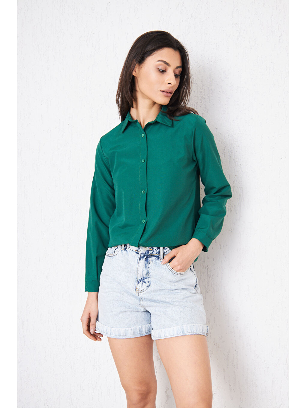 Kadın Uzun Kollu Düğmeli Basic Yeşil Tunik Gömlek-1