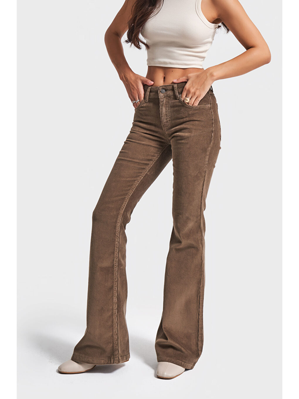 Kahverengi Kadın Haki Renk 26w5-82 Low Waist Flare Fit İnce Fitilli Velvet Kadife Kumaş Pantolon