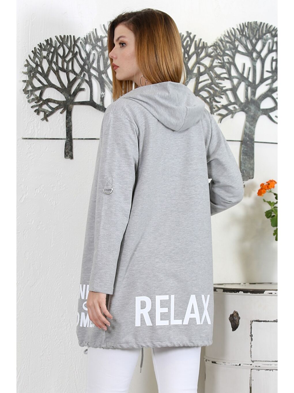 Gri Kapüşonlu Uzun Kol Baskılı Örme Casual Kapüşonlu Ceket-7