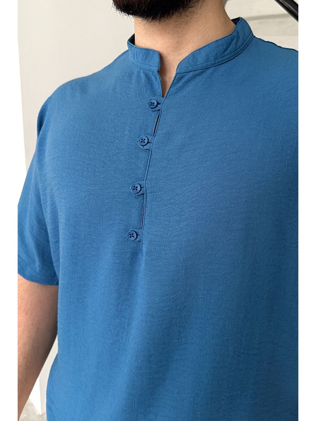 Mavi Soro Erkek Oversize Keten Görünümlü Kısa Kol Hakim Yaka Yarım Pat Gömlek-6