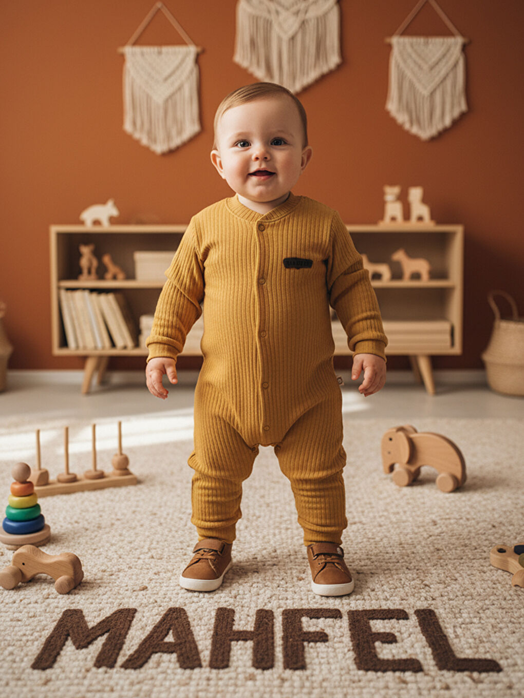 Sarı %100 Pamuklu Fitilli Bebek Tulum Salopet HARDAL-1