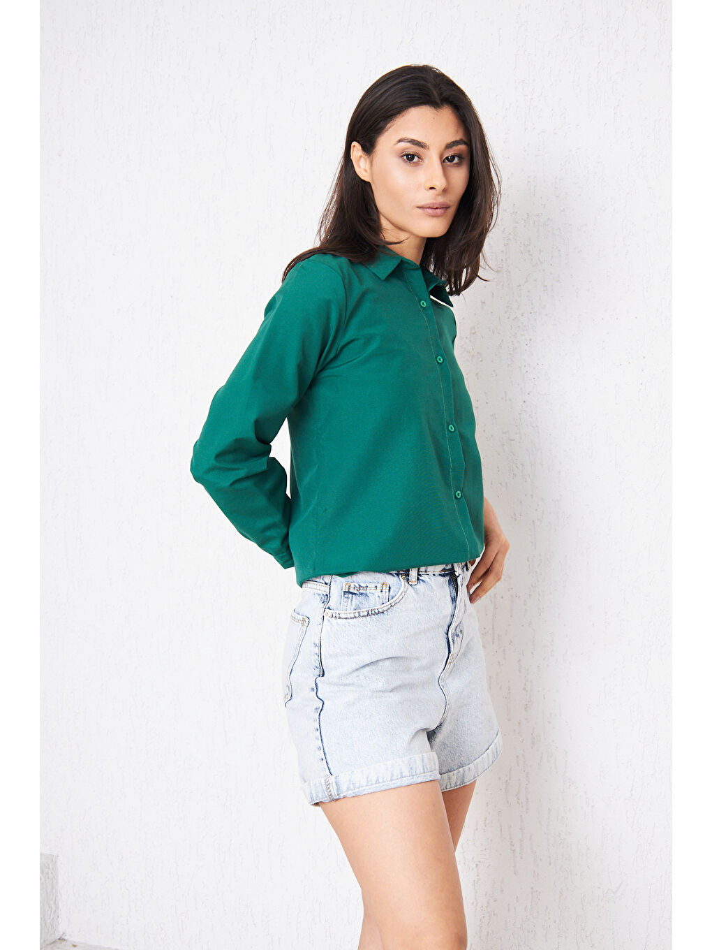 Kadın Uzun Kollu Düğmeli Basic Yeşil Tunik Gömlek-3