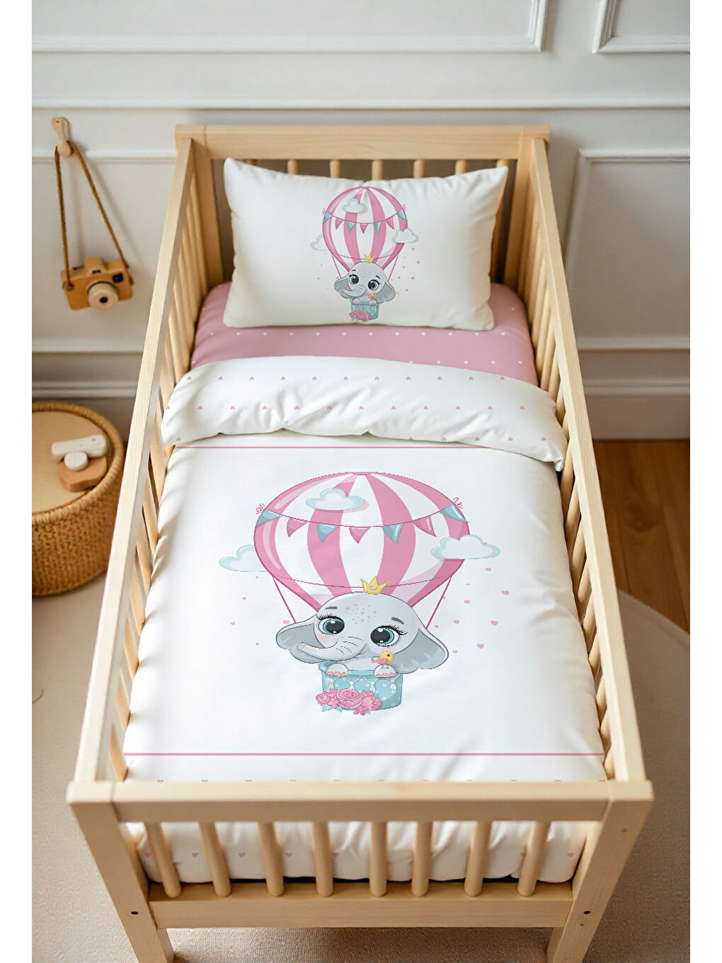 Karışık Fil ve Balon Desenli Bebek Nevresim Takımı Çift Taraflı 100x150 cm Çarşafsız-1