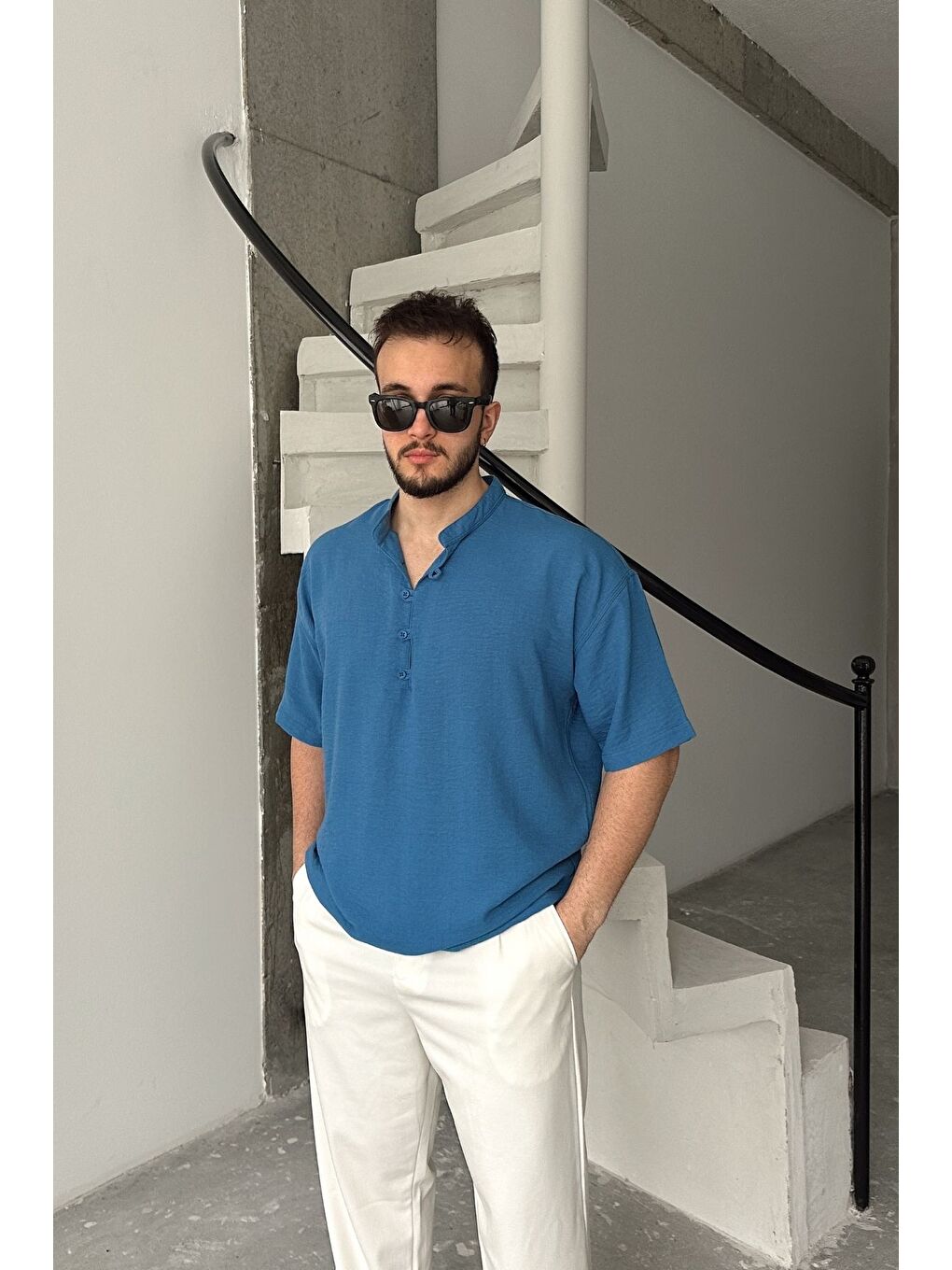 Mavi Soro Erkek Oversize Keten Görünümlü Kısa Kol Hakim Yaka Yarım Pat Gömlek-7