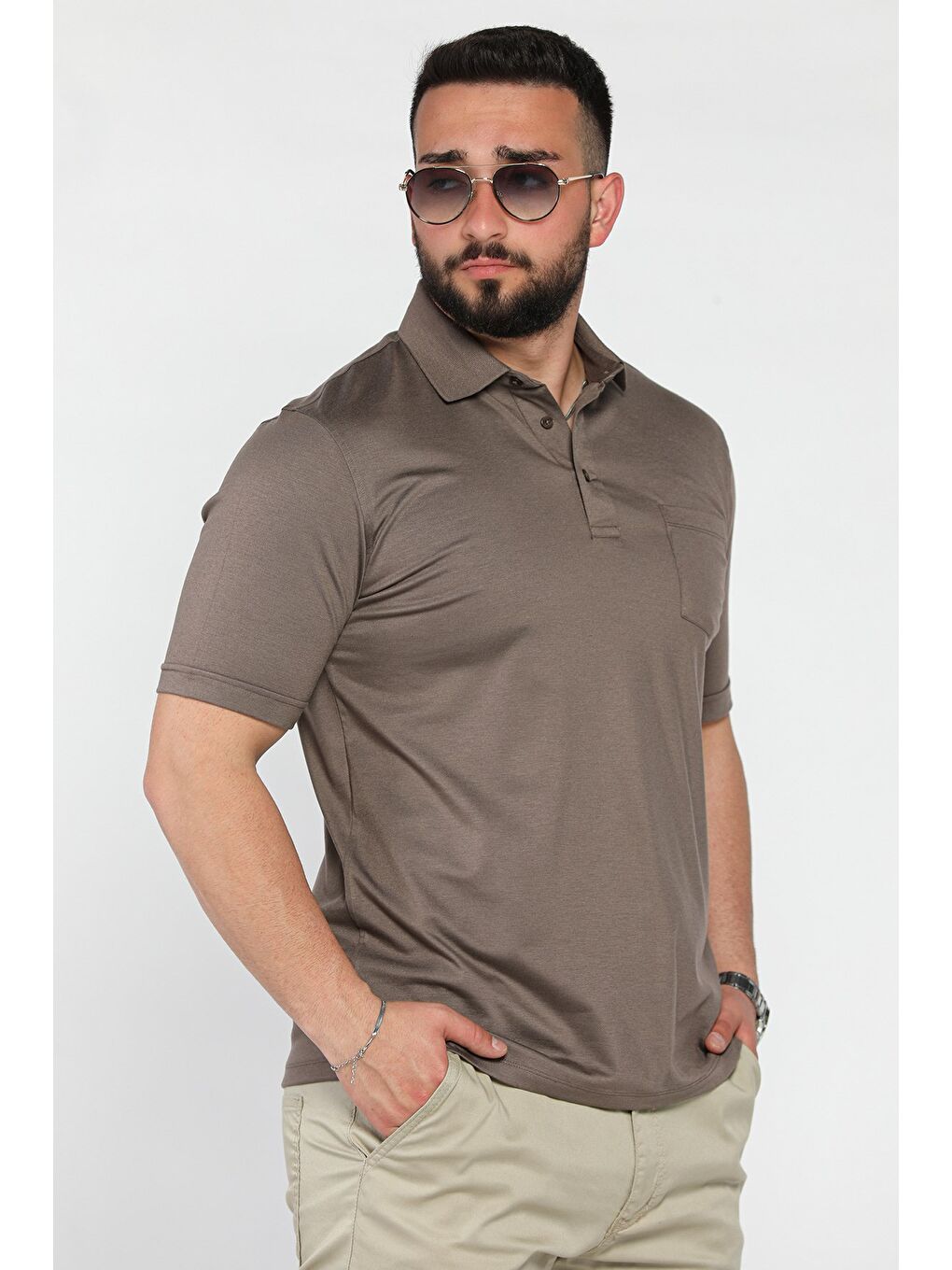 Bej Polo Yaka Yarım Düğmeli Cepli Erkek Tişört