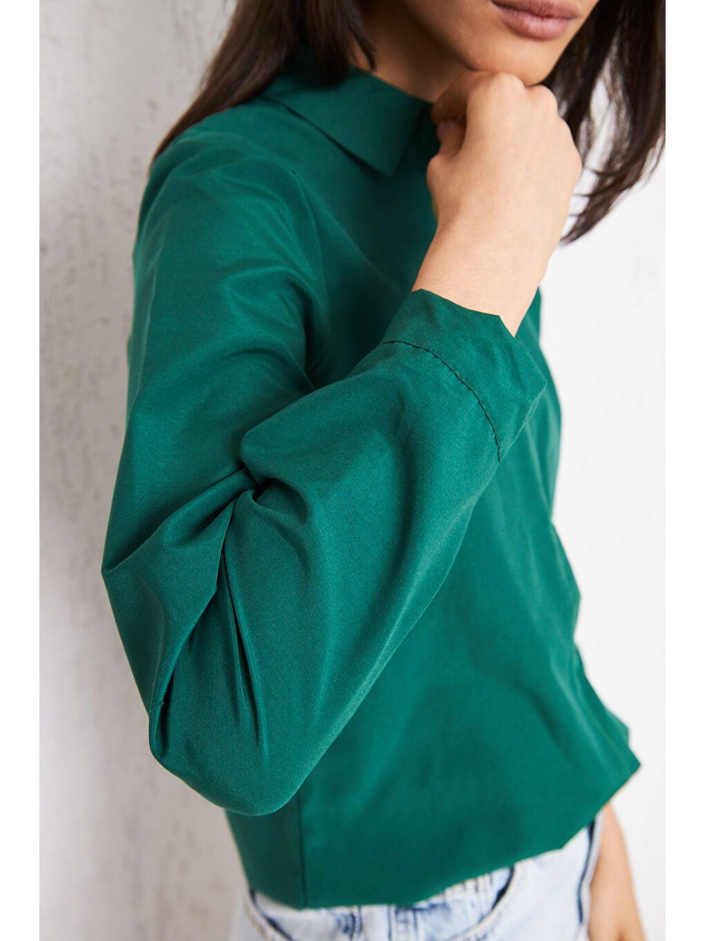 Kadın Uzun Kollu Düğmeli Basic Yeşil Tunik Gömlek-4