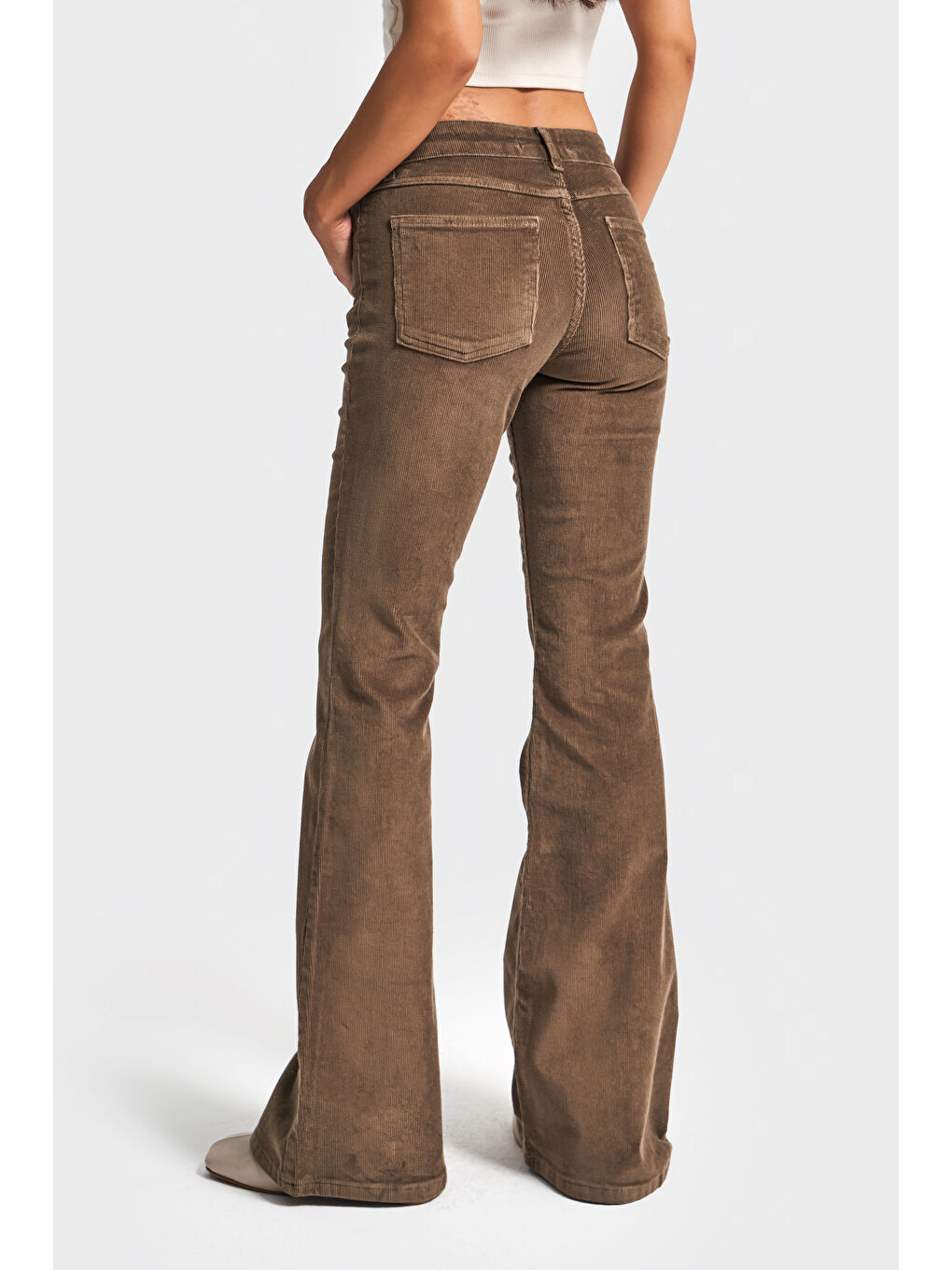 Kahverengi Kadın Haki Renk 26w5-82 Low Waist Flare Fit İnce Fitilli Velvet Kadife Kumaş Pantolon-2