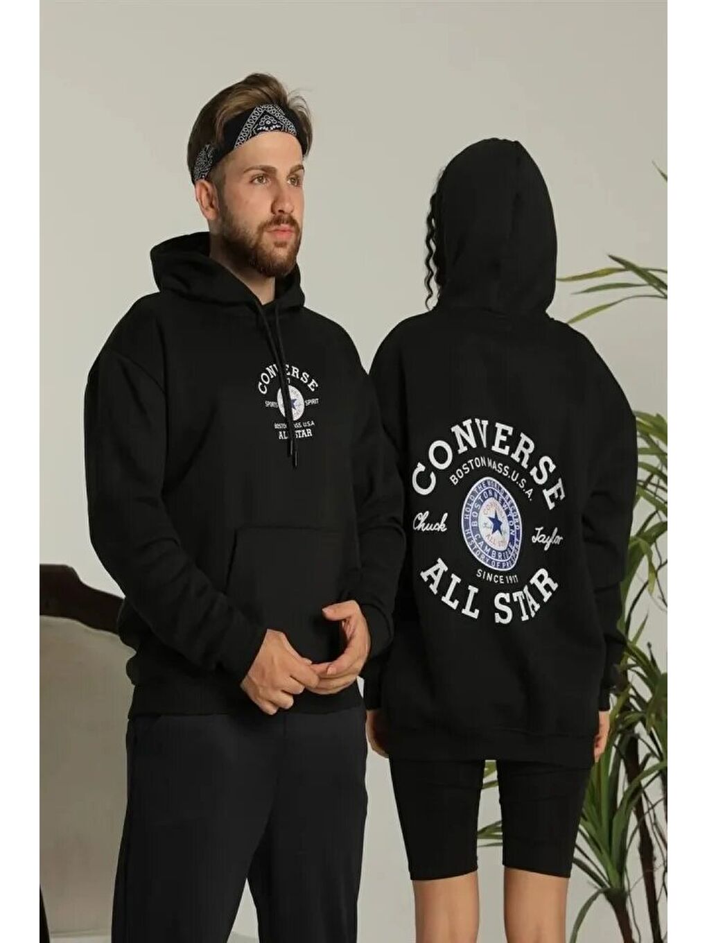 Erkek Sırt Baskılı Oversize Üç İplik Kapüşonlu Hoodie Sweatshirt - Siyah