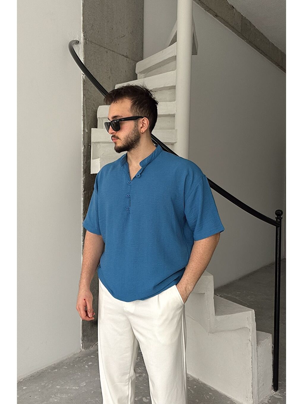 Mavi Soro Erkek Oversize Keten Görünümlü Kısa Kol Hakim Yaka Yarım Pat Gömlek-8