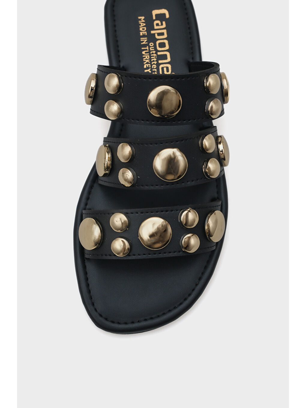 Siyah Kate Bantlı Metal Aksesuarlı Düz Topuklu Yuvarlak Burunlu Kadın Terlik-2