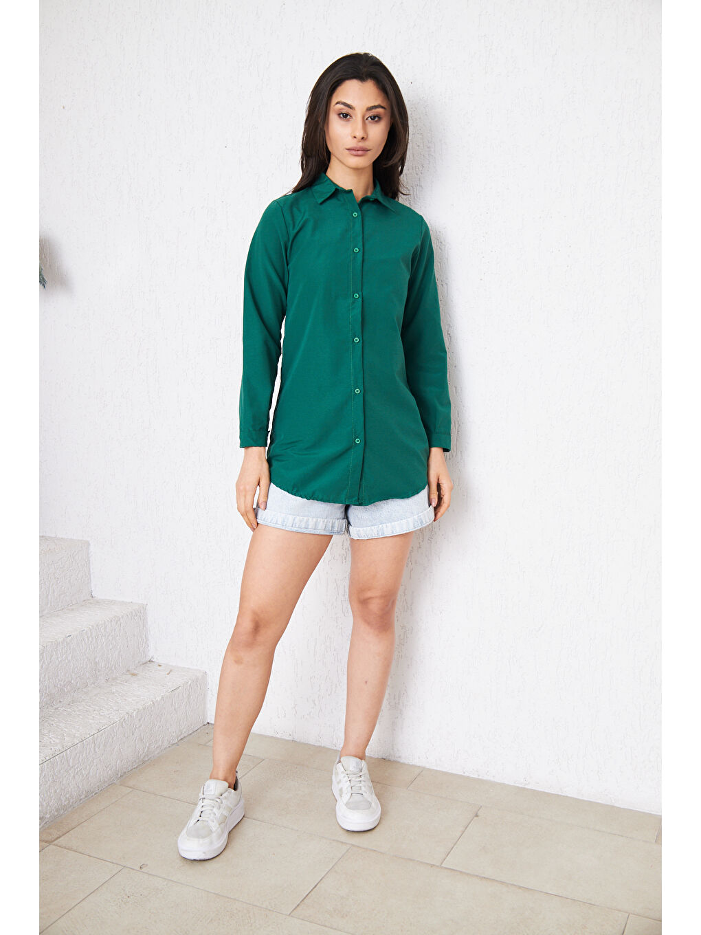 Kadın Uzun Kollu Düğmeli Basic Yeşil Tunik Gömlek-5