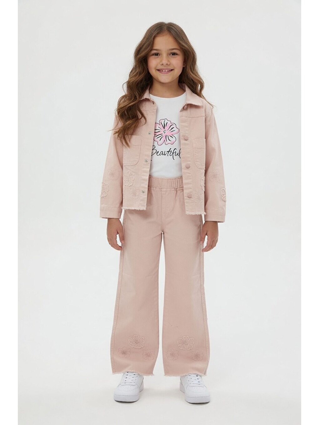 Pembe Gül Kurusu Çiçek Nakışlı Ceketli Geniş Paça Pantolonlu Kız Çocuk 3lü Takım 24118