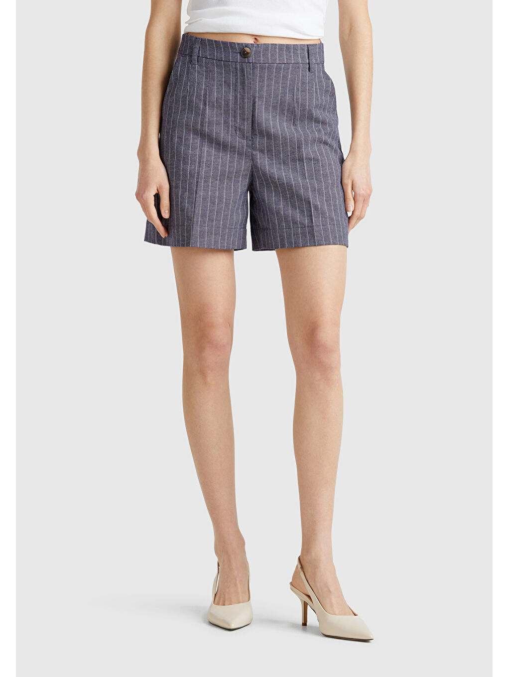 Kadın Lacivert Pamuk ve Keten Karışımlı İnce Çizgi Yüksek Bel Bermuda Şort