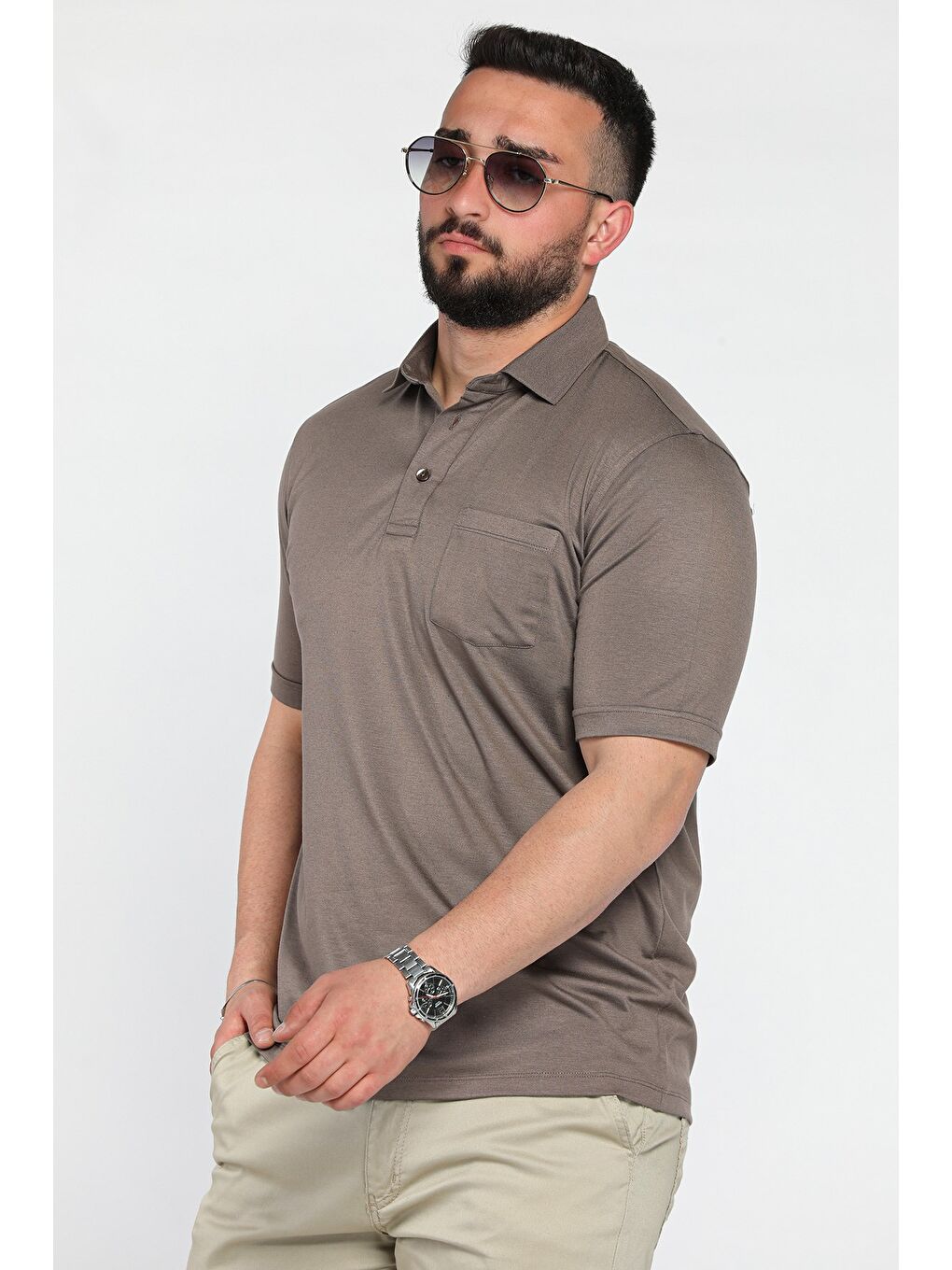 Bej Polo Yaka Yarım Düğmeli Cepli Erkek Tişört-1